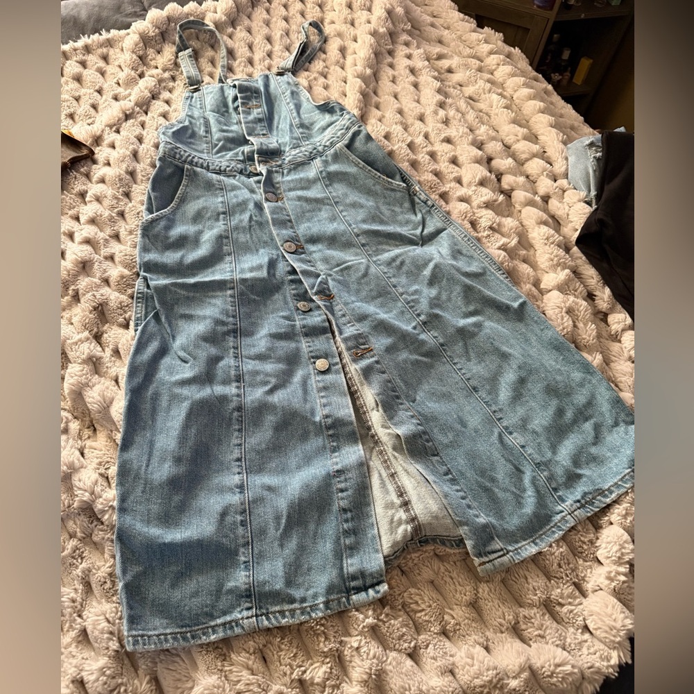 Zara Light Blue Denim Button-Front Pinafore Dress